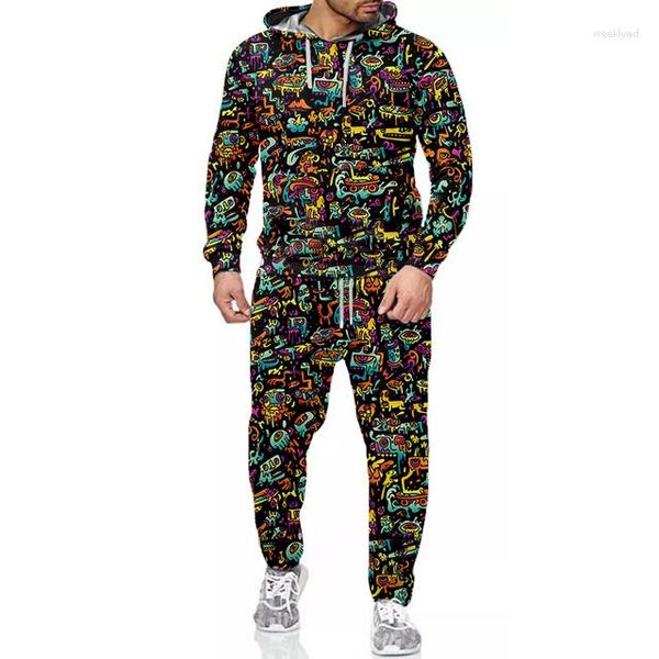 Tute da uomo Stampa 3D Graffiti Abito da uomo di lusso Felpa con cappuccio Pantaloni Pantaloni Abbigliamento sportivo Set da due pezzi Tuta 5XL Y2k Taglia bambino