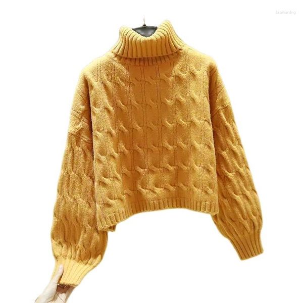 Camisolas femininas gola alta torção pulôver tricô suéter outono inverno versão coreana cintura solta engrossar camisa de fundo curto