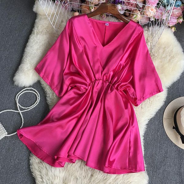 Vestidos de Festa Cor Sólida Decote em V Manga Curta Vestido de Cetim Feminino Sexy Cintura Elástica Rosa Preto Mini Casamento Roupa de Verão Robe Femme