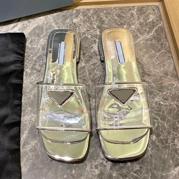 Ciabatte Hyaline Clear PVC Hausschuhe 2023 Slides Sandalen mit Absatz, flache Absätze, offene Zehen, Damen, Luxus-Designer, Lederlaufsohle, lässige Modeschuhe, Fabrikschuhe