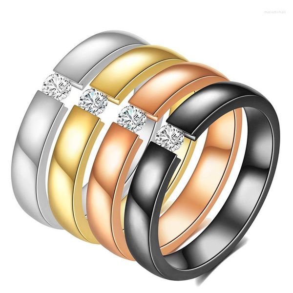 Alianças de casamento 4 cores na moda titânio aço redondo anel de dedo bling CZ pedra senhoras meninas charme jóias presente