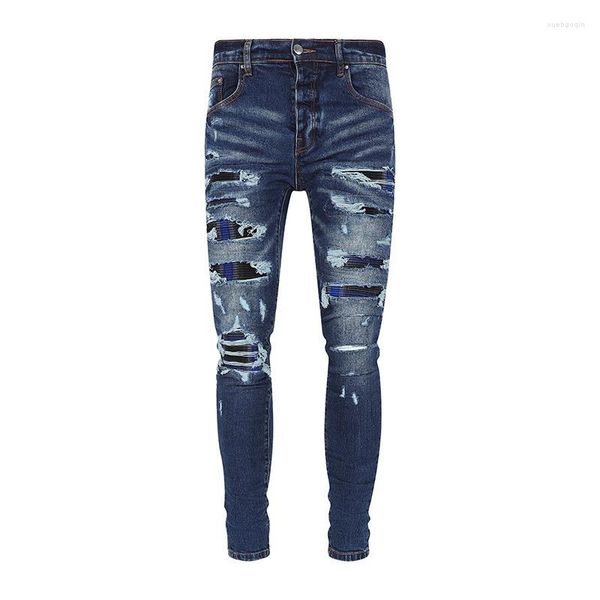 Jeans Masculino Design Rasgado Azul Escuro Streetwear Fashion Slim Patchwork Calça Denim Remendo Gradiente Gradiente Para Homens