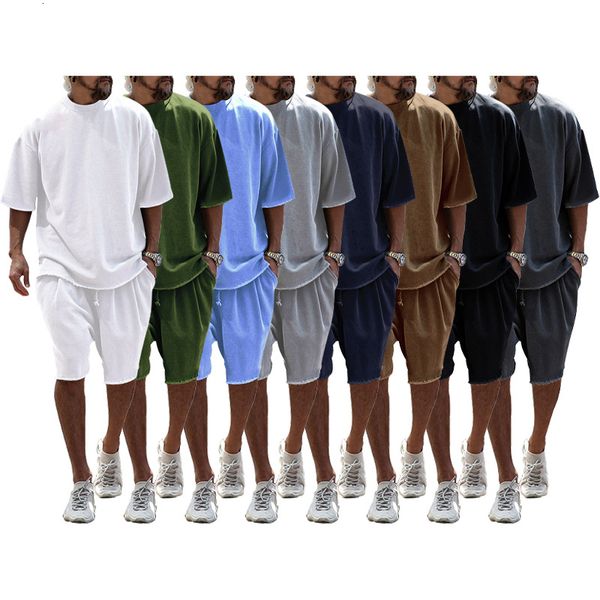 Fatos de treino masculino Y2k Verão Grande Sólido Conjunto Oversized Shorts Manga Curta Roupas Retrô Top Hip Hop Street Calça Casual Fecho Tipo 230804