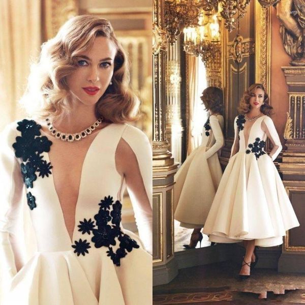 Vestidos casuais elegantes mulheres francesas para casamento vestido de formatura manga cheia preto floral bolsos de festa decote em V feito sob encomenda