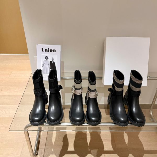 Брэнд ботинки максимальная версия 2023 Подличные кожаные длинные ботинки толстая подошва женские ботинки пряжка с прямыми ботинками в среднем рукаве
