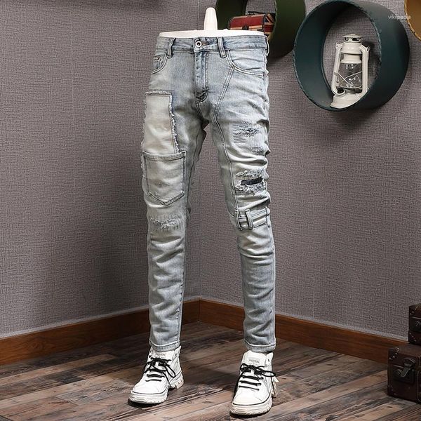 Jeans Masculino Moda Streetwear Masculino Retro Cinza Claro Azul Stretch Ajuste Justo Vintage Rasgado Patch Designer Calças Hip Hop Hombre