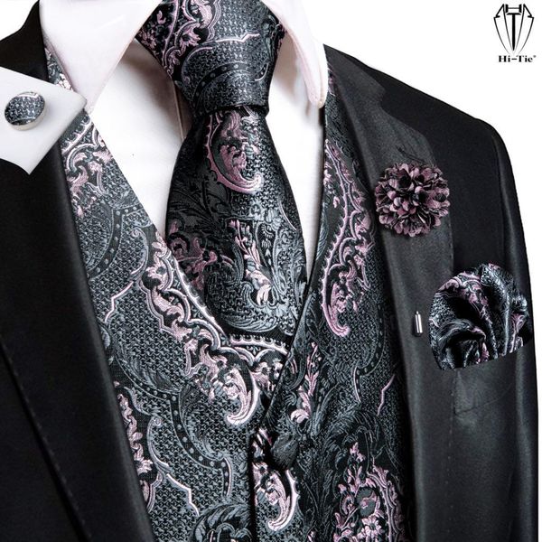 Gilet da uomo Hi-Tie Gilet da uomo in seta di alta qualità Rosa Grigio Gilet floreale Cravatta Hanky Gemelli Spilla Set per uomo Abito da sposa Regalo per ufficio 230804