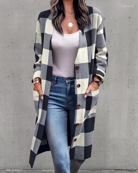 Damen Trenchcoats Plaid Print Taschendetail Longline Mantel Langarm Casual Tops Elegante Mode Frau 2023 Herbst Winter Frühling Outfits