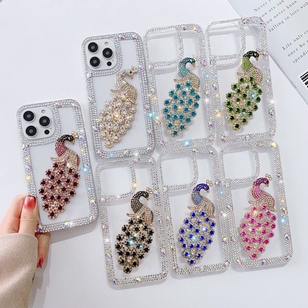 3D-Pfau-Bling-Diamant-Hüllen für iPhone 15 Plus 14 Pro Max 13 12 11 X XR XS 8 7 Mode Luxus Shinny Hard PC Acryl TPU Strass Niedliche schöne Frauen-Telefon-Rückseite