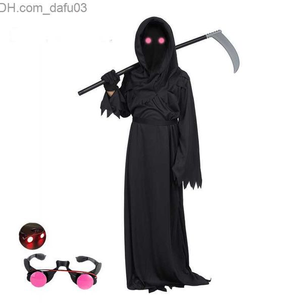 Тематическое костюм Хэллоуин ужас красноглазый жнец прибывает дети, одетые в ужасающие черные одежды Серп Демоны темные посланники, призрачные ролевые наборы Z230805