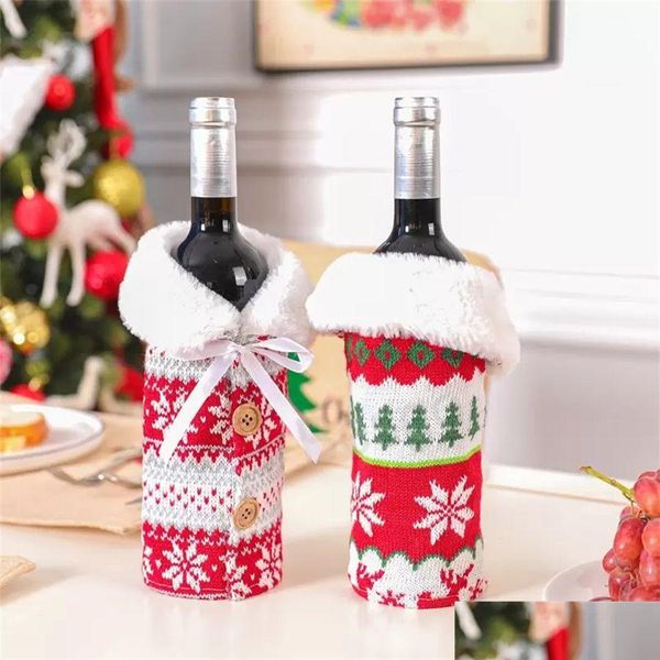 Decorazioni natalizie 2023 Bottiglia di vino a maglia Ers Fiocco di neve Albero Vini Bottiglie Er con fiocco Birra Anno Natale Decorazione domestica Drop Del Dhpvm