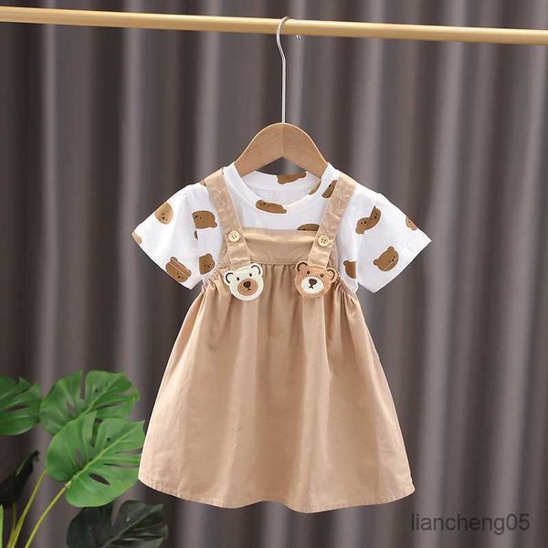 Giyim Setleri 2023 Yaz Çocuk Kız Giysileri Set Karikatür Ayı Kısa Kollu T-Shirt Slip Elbise Tulum Kardeşi Görünüyor Bebek Erkek Bebek Kıyafet Seti R230805