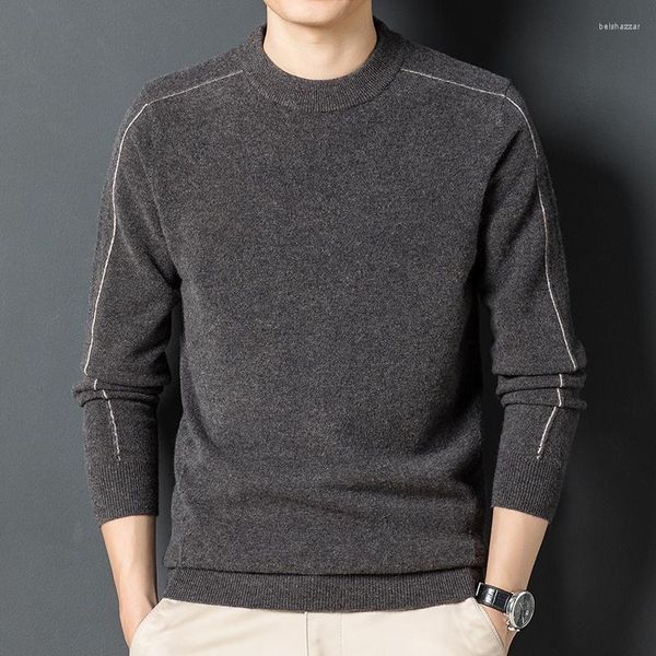 Blusas masculinas inverno 2023 gola redonda listras onduladas cor contraste linha dos ombros versão coreana suéter de lã pura.