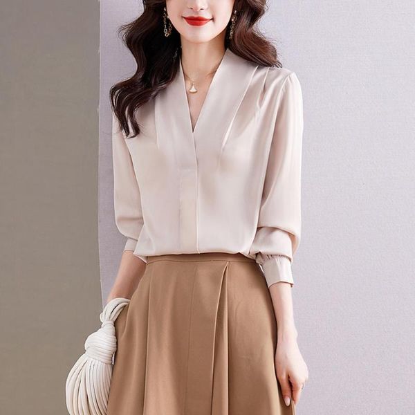 Damenblusen Koreanische Mode Frau Bluse 2023 Weibliche Satinhemden und elegante Bürodame solide OL Basic Tops Casual Frauen Kleidung