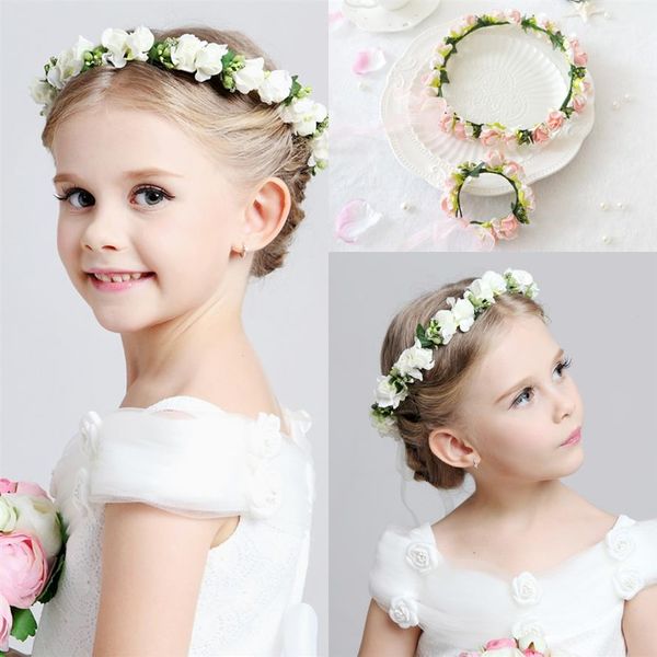 2016 Hochzeit Braut Mädchen Kopf Blumenkrone Stirnband Rosa Weiß Rattan Girlande Hawaii Blume Einteilige Kopfbedeckungen Haarschmuck2618