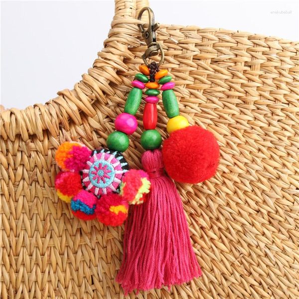 Schlüsselanhänger RE Böhmen Strand Schmuck Handtasche Hängende Glocke Quaste Schlüsselanhänger Pompom Dekor Tasche Charms Bunte Holzperlen Auto Ring K34