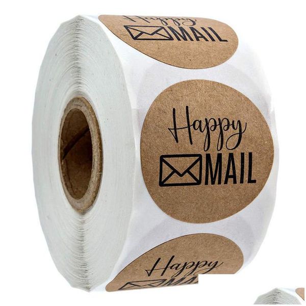 Yapışkan Çıkartmalar Toptan 500pcs/Roll Happy Mail 1 inç yuvarlak kraft küçük işletme zarfı ambalaj etiketleri için teşekkür ederim