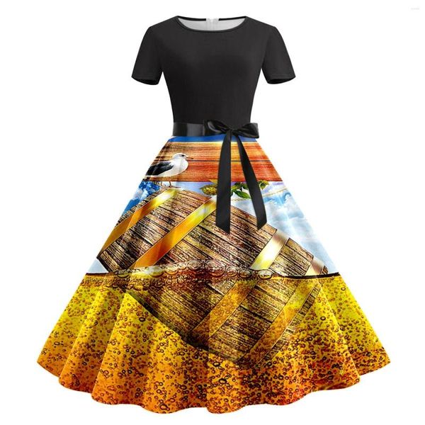 Partykleider Bayrisches Oktoberfest Damen Vintage Cocktailkleid Kurzarm Knielang O-Ausschnitt A-Linie Horn Swing Formal Fancy