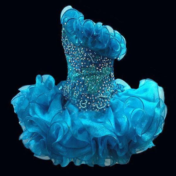 2020 GLITZ Cupcake Organza Küçük Kızlar Pageant Elbiseleri Bitişik Bir Omuz Boncuklu Kristal Kısa Kızlar Partisi DRE256G