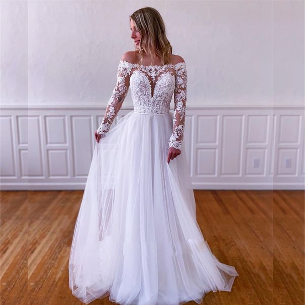 Abito da sposa da spiaggia semplice in pizzo con spalle scoperte Abito da sposa da sposa a maniche lunghe con illusione Abito da sposa taglie forti per donna nera