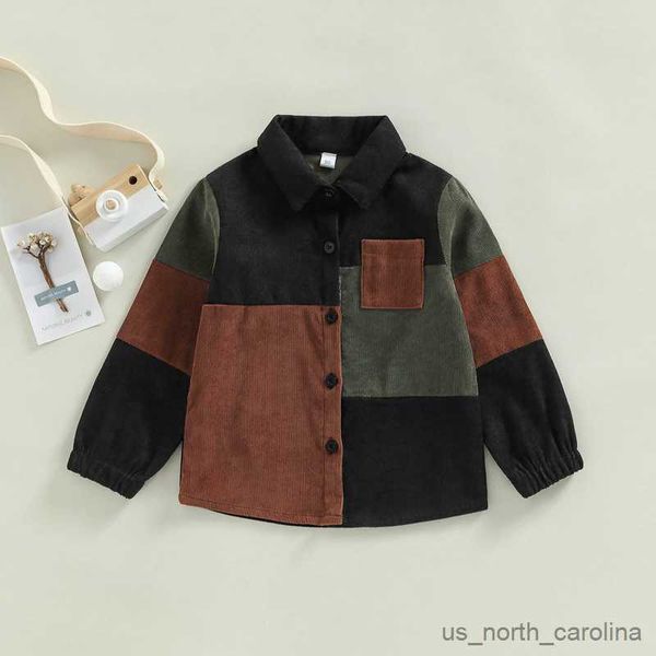 Jaquetas para crianças, bebês, meninos, jaqueta de veludo vintage, manga longa patchwork, camisa de botão, casaco 3-7T R230805