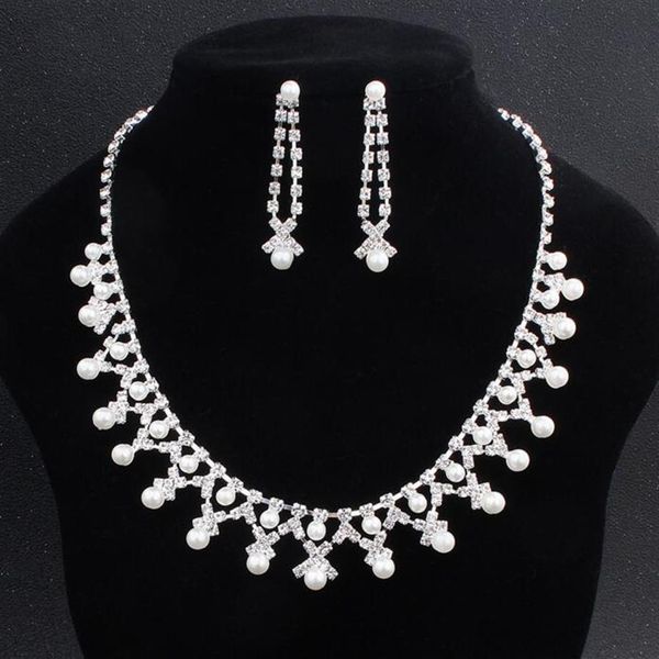 2022 Bling Peals Conjunto de joias de noiva prata branco banhado a colar brincos de pérola conjuntos de joias de casamento para noivas damas de honra mulheres2235