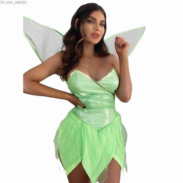 Tema Costume da donna Halloween Forest Fairy Comes Sexy Solido scollo a V Backless Paillettes Tube Top Gonna corta arruffata irregolare con ali Z230805