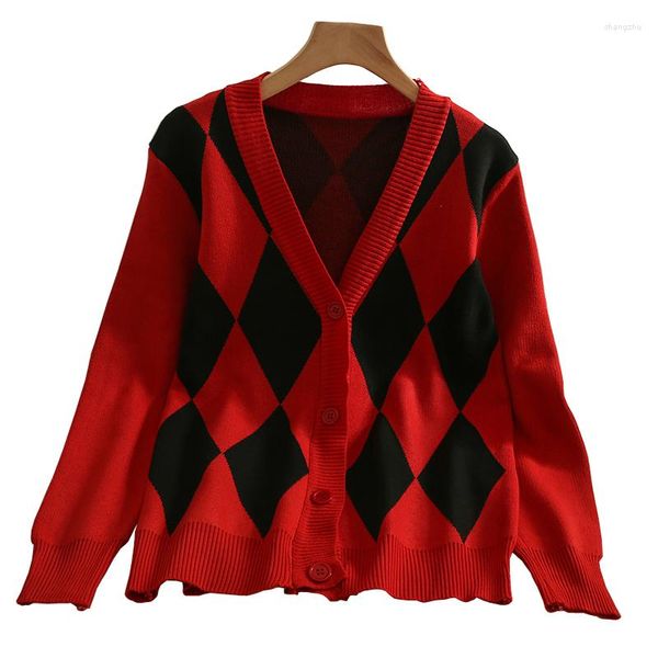 Frauenpullover Frauen Strickjacke Baumwolle Schwarz und rotes Plaid V-Ausschnitt Langarm Single Breasted Frühling Herum