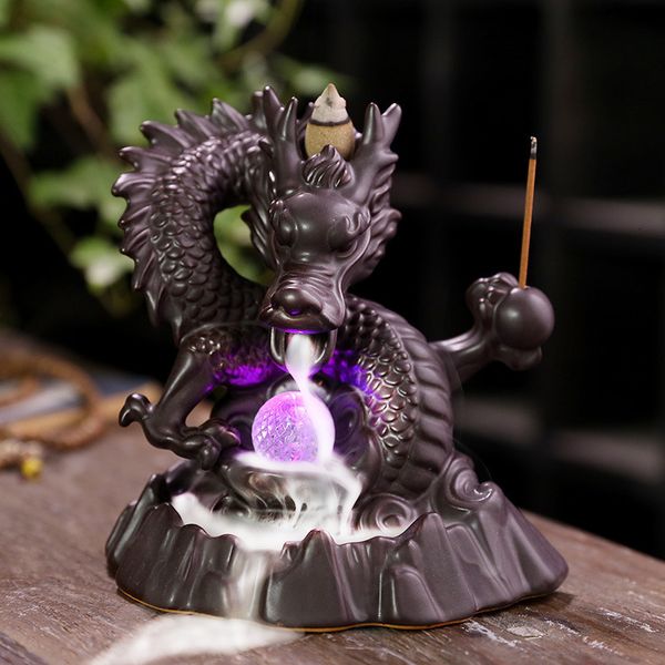 Articoli di novità Ceramic Dragon Incense Falls Backflow Waterfall Censer Stick Holder con Lucky Led Crystal Ball 230804