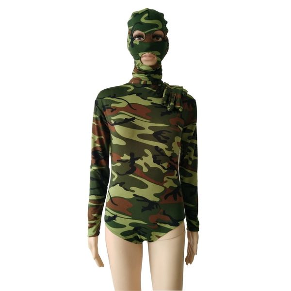 Camo-Farbe, hoher Halskragen, halbe Packung, Spandex-Body, Unisex, Ballett, Gymnastik, Trikot-Overall, Ganzanzug-Strumpfhose, abnehmbare Maskenhandschuhe