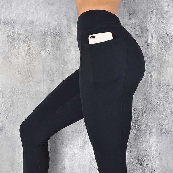 Schwarz Sexy Frauen Yoga Sport Leggings Handytasche Fitness Laufhose Stretchy Sportswear Gym Slim Hose