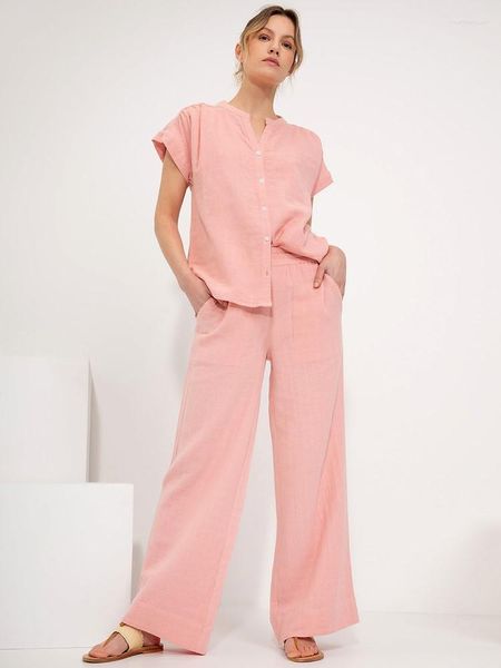 Conjunto de 2 calças femininas de duas peças de linho de algodão rosa para mulheres elegantes, camisa de manga curta com decote em O e cintura alta para perna, 2023 verão casual para férias