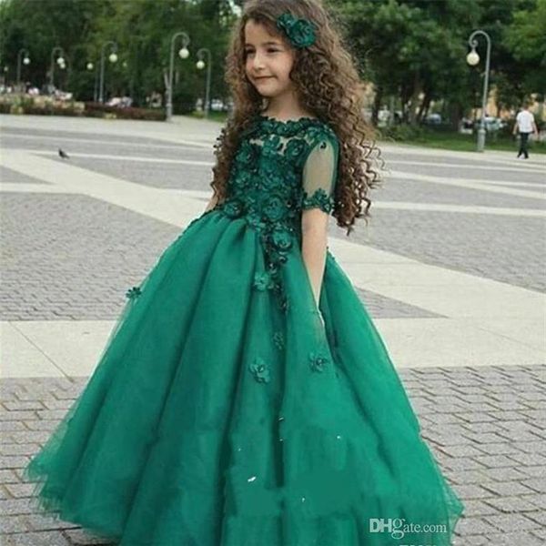 2019 Hunter Green Cute Princess Girl's Pageant Dress Vintage Arabo Sheer maniche corte Party Flower Girl Pretty Dress Fo254G
