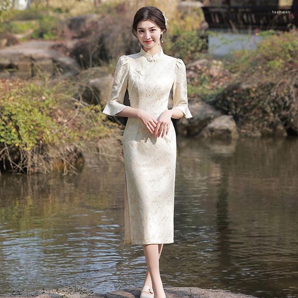 Ethnische Kleidung 2023 Chinesisches traditionelles Cheongsam Frühling Jin Baumwolle Einfache Selbstverbesserung Mädchenkostüm Morning Glory Muster Fünfärmelig