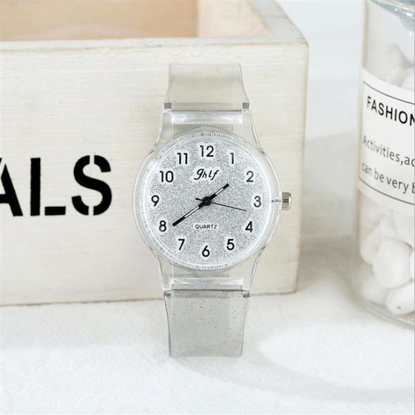 Orologi da donna al quarzo di promozione della moda coreana di marca JHlF Orologio da donna per studenti di personalità casual Cinturino in plastica trasparente bianco G253n