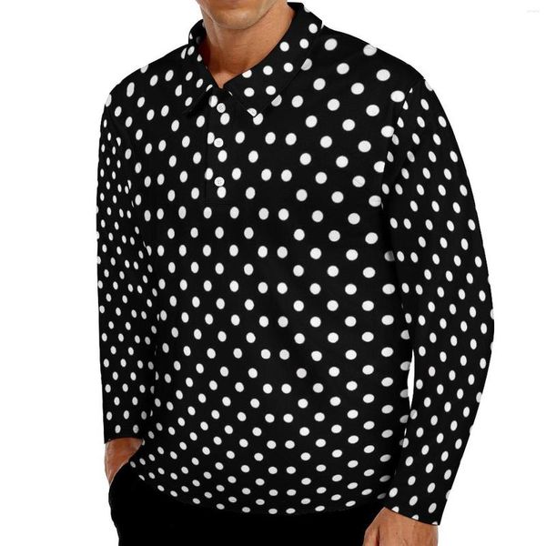 Herren Polos Schwarz Weiß Polka Dots Poloshirts Herbst Retro Print Freizeithemd Langarm Umlegekragen Y2K Custom Oversize T-Shirts