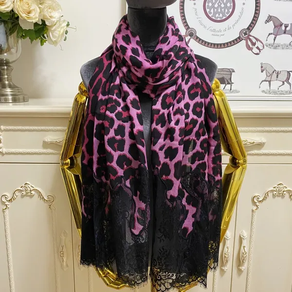 Langer Schal für Damen, Spitze, Kaschmirmaterial, Patchwork, rosafarbener Aufdruck, Leopardenmuster, große Größe 210 cm – 70 cm