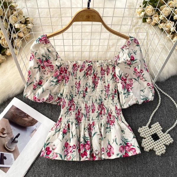 Blusas femininas verão design francês camisa de chiffon floral decote quadrado curta blusa plissada