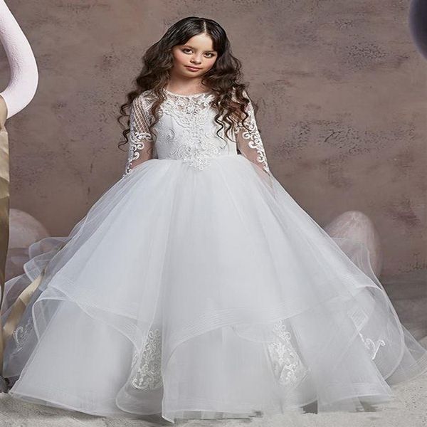 Abiti da ragazza di fiori estivi per matrimoni Abito da ballo Principessa Lunghezza pavimento Pizzo bianco Tulle Appliques Abiti da festa a maniche lunghe Pagea274T