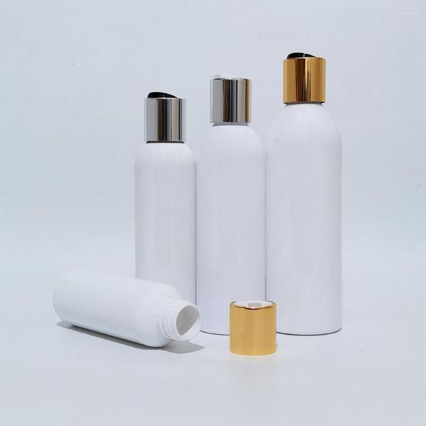 Aufbewahrungsflaschen 1 stücke 100 ml 150 ml 200 ml 250 ml Leere Goldscheibenkappe Weiße Plastikflasche Reisegröße für Shampoo Duschgel Kosmetikverpackung