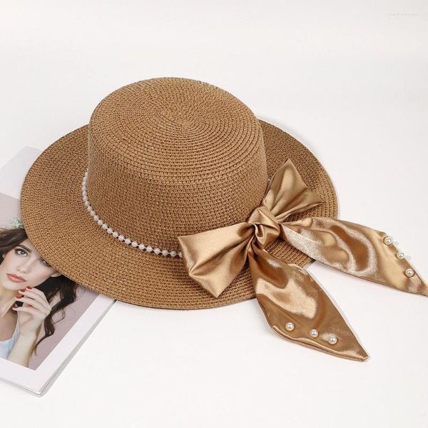 Breite Krempe Hüte Sommer Weibliche Sonne Stroh Fedoras Kappe Für Frauen Luxus 56-58 cm Fliege Dekorative Perlen Ausflug strand Urlaub TY0169
