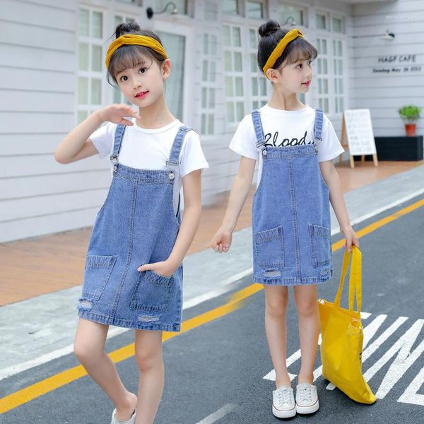 Mädchen Kleider IENENS Lose Denim Kleid Kinder Gebleichte Löcher Baby Spaghetti Strap Zerrissene Vintage Kinder Kleidung