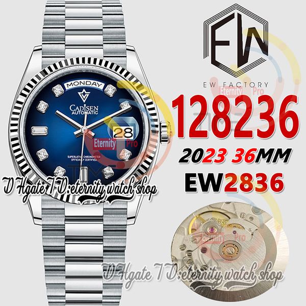 EWF V3 ew128236 A2836 Automatik-Herrenuhr, 36 mm, geriffelte Lünette, blaues Zifferblatt, Diamantmarkierungen, 904L Jubileesteel-Armband mit derselben Seriennummer, Garantiekarte für Ewigkeitsuhren