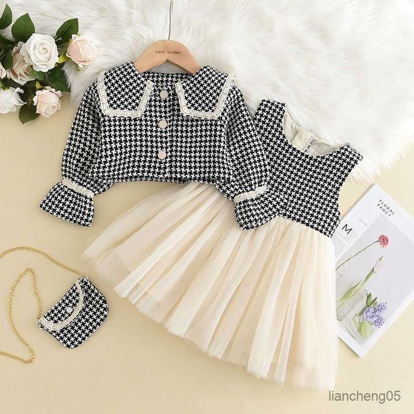 Completi di abbigliamento Menoea Set di vestiti per ragazze Primavera Autunno Ragazze Plaid Vest Dress Retro Outwear Cappotto 2 pezzi Fashion Baby Party Dress con abiti da borsa R230805