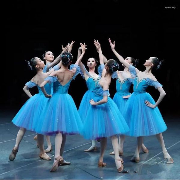 Stage Wear Long Romantic Tutu di balletto Abito blu Abiti da spettacolo Swan Lake Ballerine Femme Costume da fata per bambine