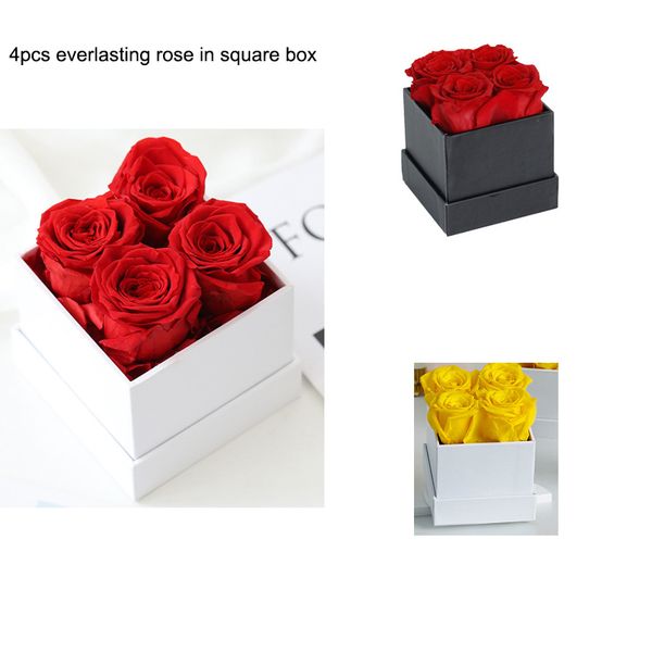 4 Stück kleine, ewige Naturrosen, konservierte Rosen, quadratische Box, ewige Rosen, Blumenkasten, Geschenk, Muttertag, Valentinstag, Weihnachten, Rosengeschenke