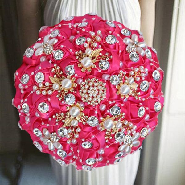 Fiori decorativi 1pc/lot Rose Red Ribbon Wedding Bouquet da sposa con diamante per la decorazione