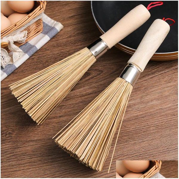 Escovas de limpeza Escova de bambu natural com cabo de madeira pote pendurável ferramenta de cozinha 24 cm drop delivery casa jardim arrumadeira organização casa Dh90U