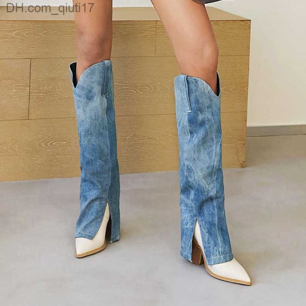 Сапоги женский колено высокий ботинки высококачественные ковбойские сапоги из дерева толстые сапоги женский ковбойский стиль сапоги современная мода Z230805