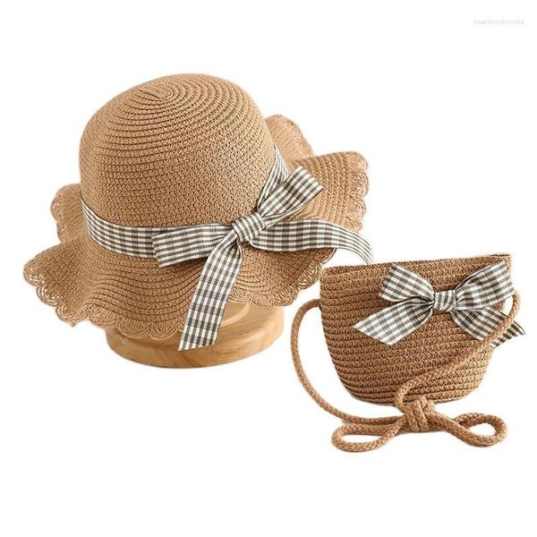 Chapéus de aba larga XEONGKVI 2023 Coreano Grid Bowknot Pai-filho Bolsa de sol conjunto primavera verão marca praia chapéu de palha para mulheres menina